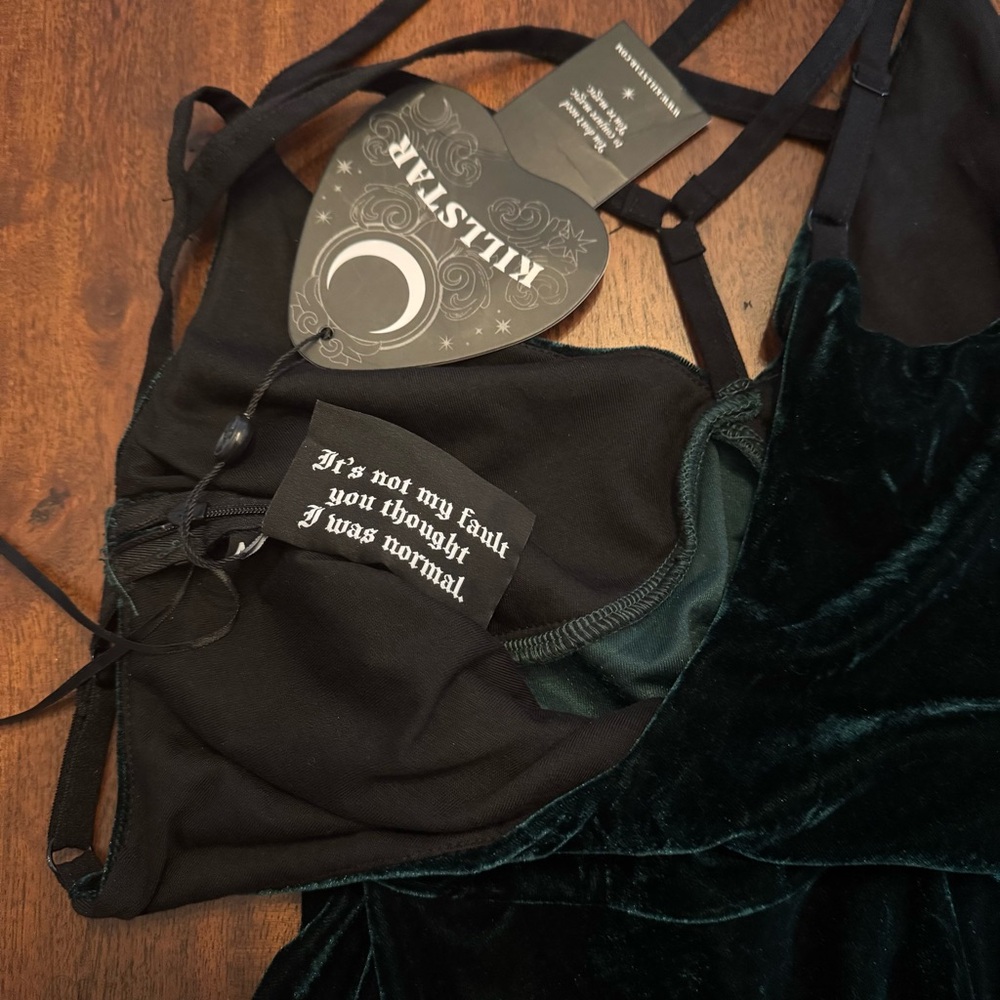 Killstar Strappy Velvet Mini Dress in Dark Green - Picture 6 of 11